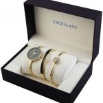 Set cadou, ceas damă Exclusive Gold cu ecran negru și două brățări, placat Gold IP și pietre zirconia, Excellanc, 1800200-003