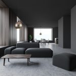 Gray living room and dining room interior