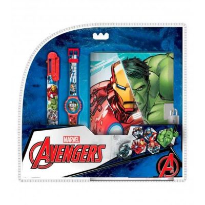 Set pentru copii, ceas digital, pix cu 6 culori și jurnal, Avengers