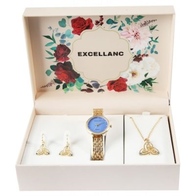Set ceas damă cu cadran albastru, Excellanc, gold, cercei și lănțișor cu pandativ, 1800231-001