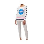 Pijamale damă cu mânecă lungă, alb/gri, 100% bumbac, NASA