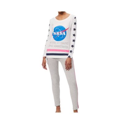 Pijama damă cu mânecă lungă alb/gri NASA