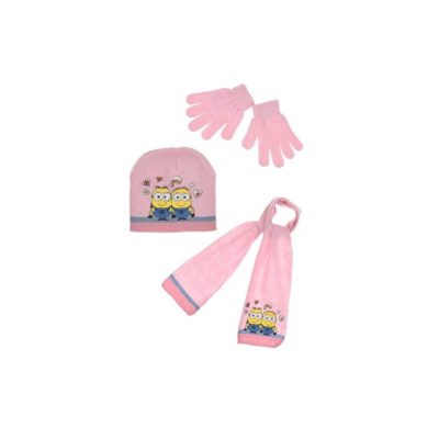 Set căciulă fular și mănuși roz Friend Minions