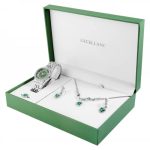 Set ceas damă argintiu, cercei, inel și colier cu pietre zirconia green, Excellanc