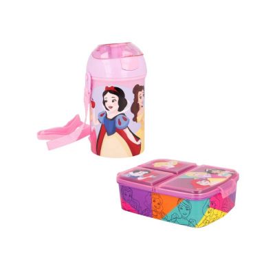 Set sticlă apă 450 ml și cutie sanwich multicompartimente, Homio, multicolor, plastic fără BPA, Princess, Disney